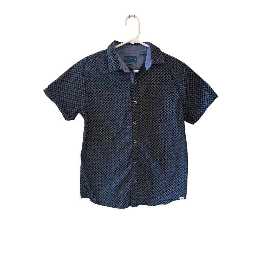 Perry Ellis Boys 14/16 Navy Geo Print Button Down Shirt Preppy Smart Casual‎